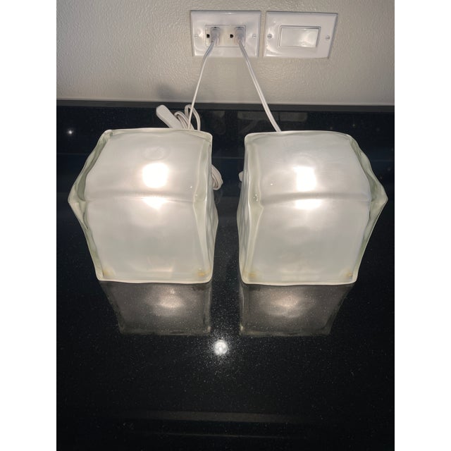 Postmodern Swedish Ice Block Cube Lamps Satin Glass Set of 2 For Sale In Las Vegas - Image 6 of 12