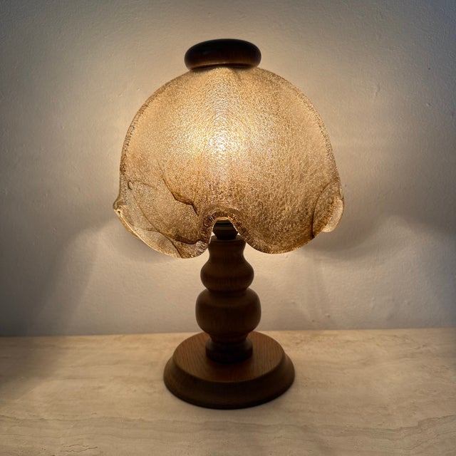 Vintage Brutalist Glass Table Lamp with Oak Wooden Base, 1970s For Sale - Image 14 of 18