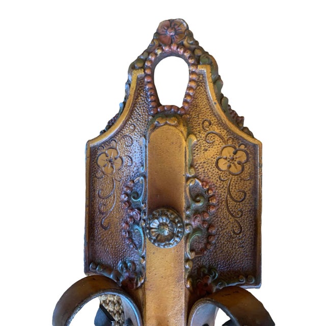 American 1920s Forged and Cast Iron Sconces With Old Paints - a Pair For Sale - Image 3 of 9