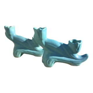 Antique Van Briggle Candlestick Holders Pair Matte Turquoise Colo Springs For Sale