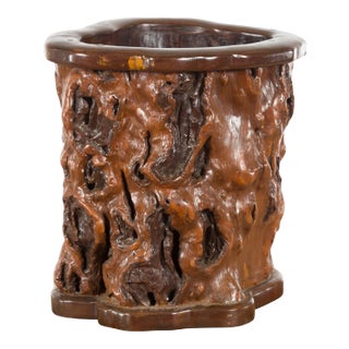 Chinese Rustic Vintage Oval Root Planter with Dark Brown Patina For Sale