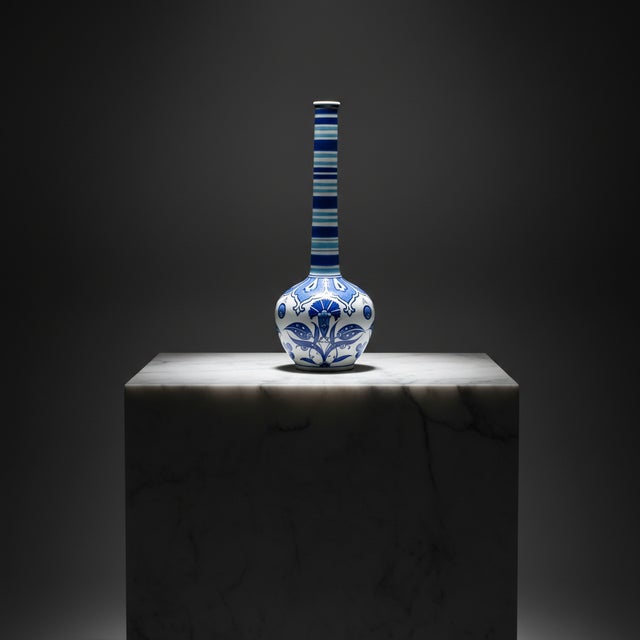 Ceramic Handmade Ceramic Long-Neck Vase (25cm) – Classic Blue & White Floral Art – Iznik Decor For Sale - Image 7 of 7