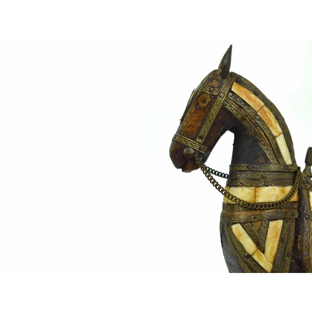 Brown Vintage Hand Carved Wood & Mosaic Brass and Copper Inlaid Horse Figurine For Sale - Image 8 of 11