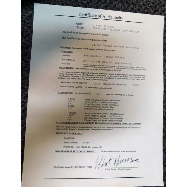 Viktor Shvaiko"Light on the Snow"Hand Signed Serigraph on Canvas, Europe #13/360 For Sale - Image 4 of 6