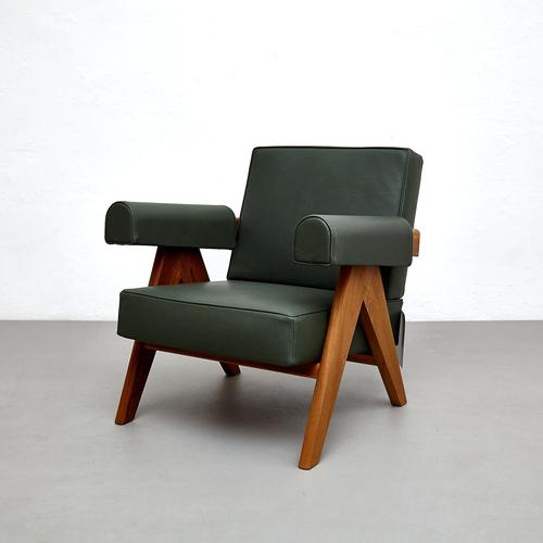 Cassina Capitol Complex Teak and Green Leather 053 Armchair by Pierre Jeanneret for Cassina For Sale - Image 4 of 15