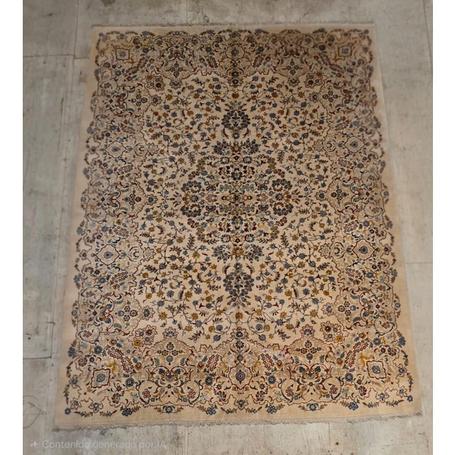 Textile Vintage Persian Kashan Ivory Floral Wool Area Rug – Circa 1970s – 10’6” X 13’9” For Sale - Image 7 of 8