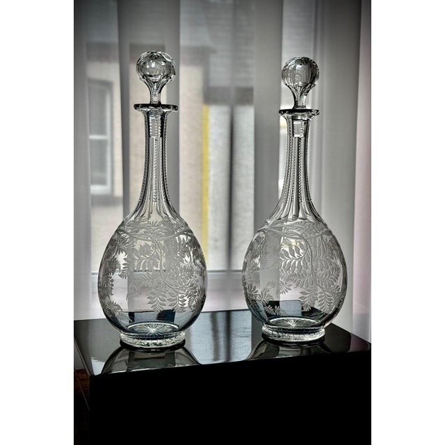 Victorian Stourbridge Fern Engraved Glass Decanters, 1880, Set of 2 For Sale - Image 4 of 17