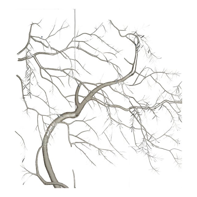 Soft Grey Chinoiserie Mural | 3-Panel Hand-Painted Tree Branch Wallpaper For Sale