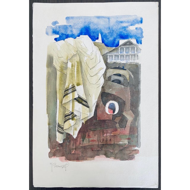 Modern Moses Bagel Bahelfer, Polish French Judaica Watercolor Gouache Painting Original Bauhaus Yiddish Art For Sale - Image 3 of 7