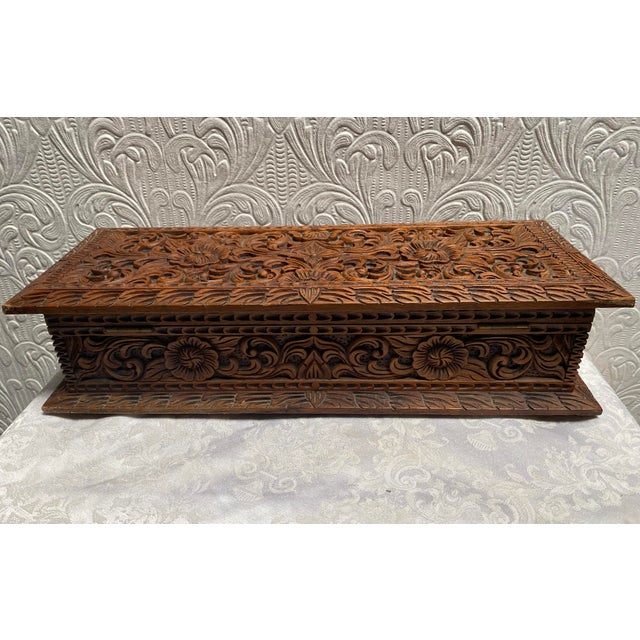 Coffee 1950s Vintage Black Forest Hand Carved Walnut Jewelry Box For Sale - Image 8 of 13