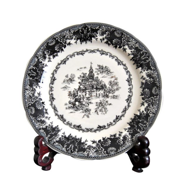 Staffordshire toile-black large plate, decorated with floral rim and Old Britain/English country Bourgeoisie theme, this...