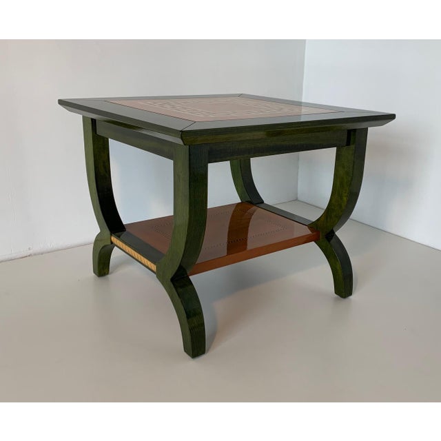 Mid-Century Modern Italian Green Aniline and Maple Coffee Table, 1980s For Sale - Image 3 of 9