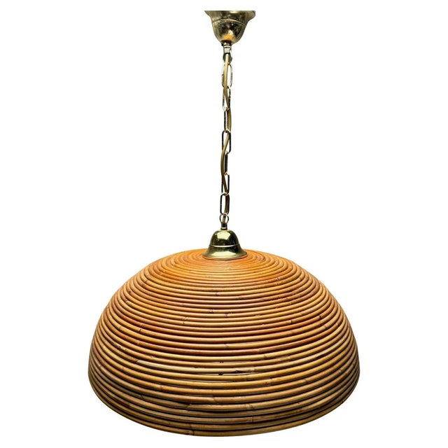 Wood Italian Gilt Brass Rattan Bamboo Wicker Pendant, 1970s For Sale - Image 7 of 7