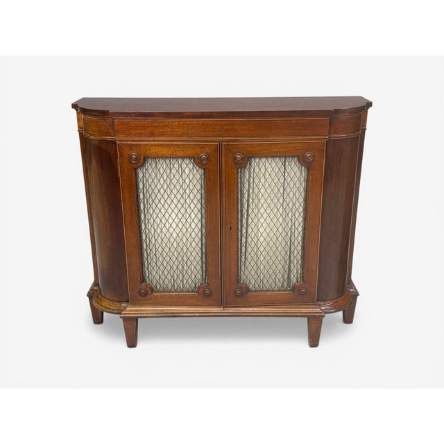 Late 20th Century English Regency, Demilune Cabinets, Mahogany, Brass, Fabric, England, 20th C. For Sale - Image 5 of 14