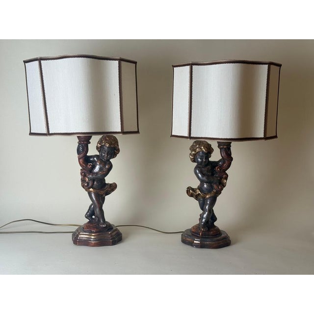Italian Putti Table Lamps in Giltwood, 1970s, Set of 2 For Sale - Image 10 of 18