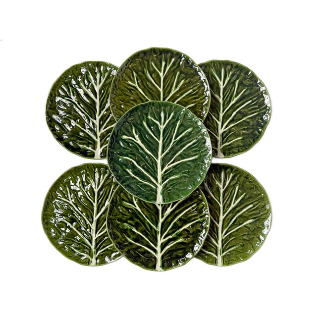 1980s Portuguese Faianças Cabbage Leaf Dinner Plates - Set of 7 For Sale - Image 4 of 5