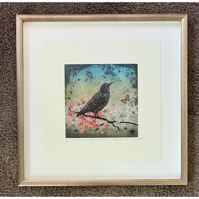 Original lithograph of a bird with butterfly by Scottish artist Fiona Watson. Numbered 7/40 and pencil signed. Entitled, “...