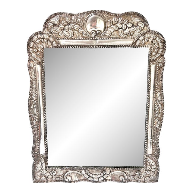 Antique Sterling Silver Repoussé Mirror – Large Ornate Peruvian Silver Wall Mirror Frame For Sale