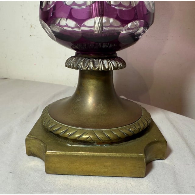 Antique Cut to Clear Bohemian Czech Purple Clear Glass Crystal Bronze Table Lamp For Sale - Image 13 of 14