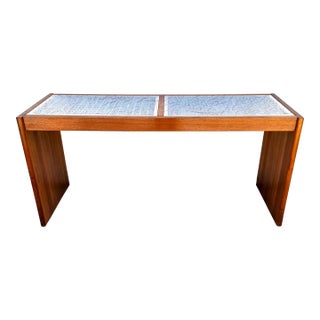 Vintage Komfort Danish Lattice Pattern Teak and Glass Console Table For Sale