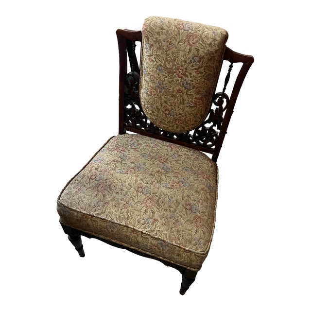 1970s Wooden Mid-Century Modern Detailed Carved Chair With Floral Cushions For Sale