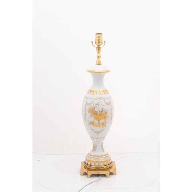 Brass Pair of Gilt Porcelain Regency Lamps by Marbro Lamp Co. - 1950s For Sale - Image 8 of 11