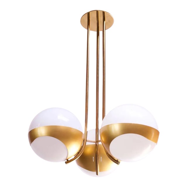 Large Italian Modern Brass and Milk Glass Chandelier by Lamperti For Sale