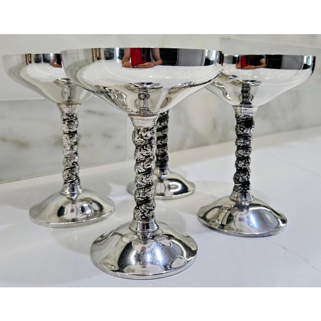 Hollywood Regency Vintage Plator Spain Silver-Plated Champagne Coupes With Grape Vine Twist Stems - Set of 4 For Sale - Image 3 of 10