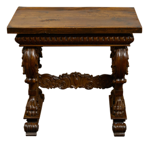 Italian 1800s Walnut Side Table with Lion Motifs and Richly Carved Trestle Base
