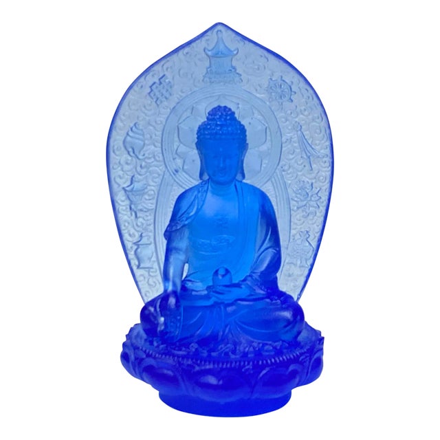 Crystal Glass Pate-De-Verre Blue Gautama Amitabha Shakyamuni Statue For Sale