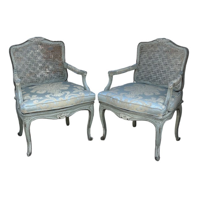 Pair of Painted Louis XV Armchairs With Hand Caned Seats, France, Circa 1830 For Sale