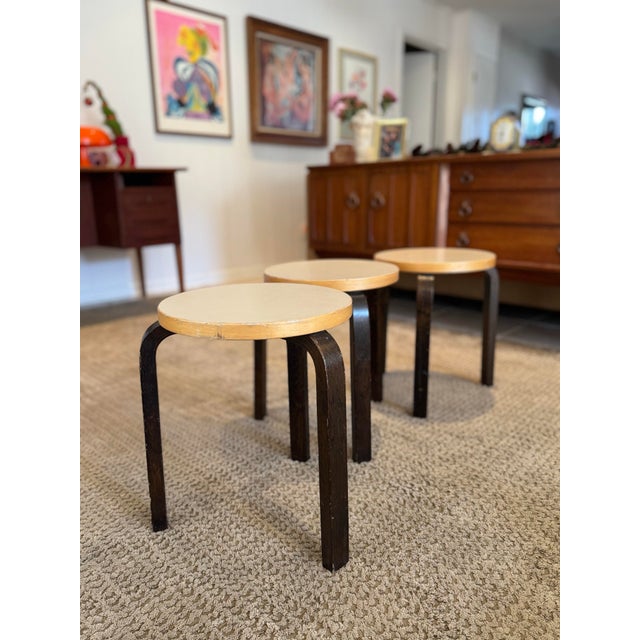 A Set of 3 Italian Bentwood Stools by Alvar Aalto for Armtek, Circa 2017. The “E60” Model. For Sale - Image 12 of 12