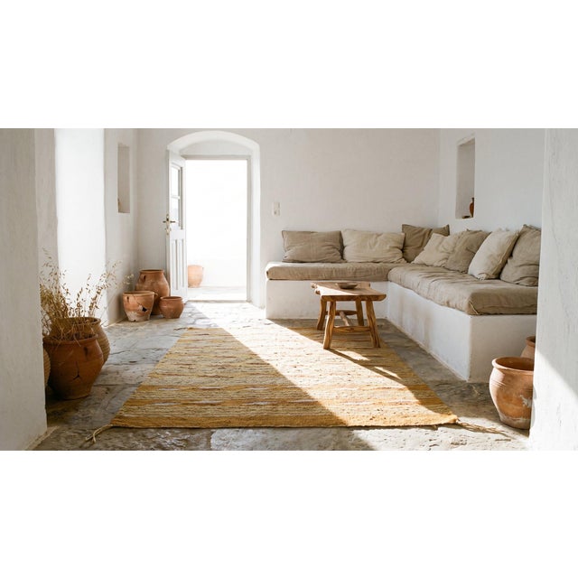 Camel 1940s Tan Camel Stripe Modern Antique American Navajo Chinle Wide Ruins Rug 2' X 3' Flat Weave Wool Carpet For Sale - Image 8 of 10