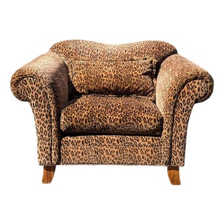 Oversized Leopard Print Club Lounge Chair | Rolled Arms & Camelback Crest | Includes Bolster Pillow For Sale