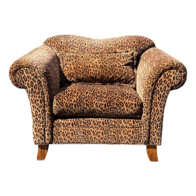 Oversized Leopard Print Club Lounge Chair | Rolled Arms & Camelback Crest | Includes Bolster Pillow For Sale