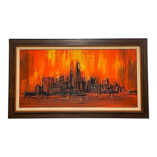 Large Original Mid Century Modern Skyline Framed Artwork by Stuart, Ready to Hang For Sale