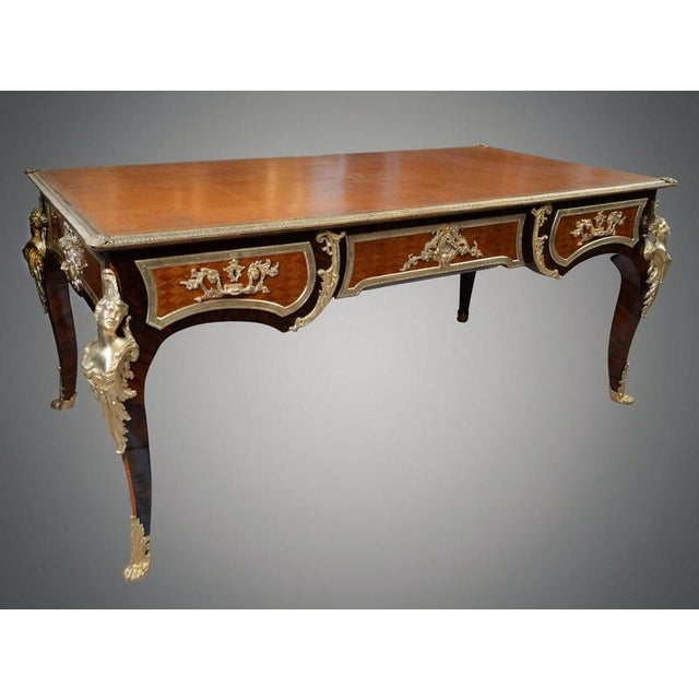 Metal Antique French Napoleon III Bureau Plat Desk in Fine Exotic Wood with Gilded Bronze Inlays, France, 19th Century For Sale - Image 7 of 7