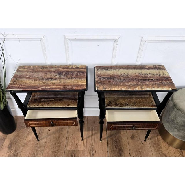 Metal Mid-Century Italian Art Deco Style Bedside Tables in Walnut with Glass Tops, 1950s, Set of 2 For Sale - Image 7 of 10