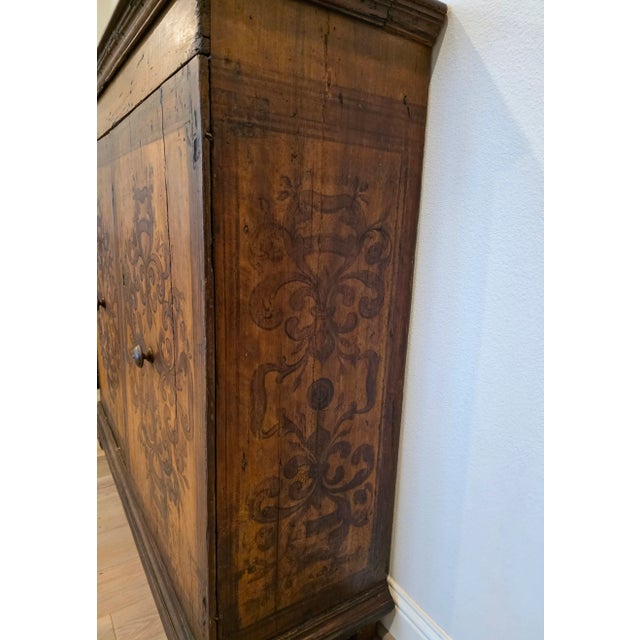 Early 18th C. Italian Baroque Inlaid Wood Sacristy Cabinet Rustic Antique Credenza For Sale - Image 12 of 18
