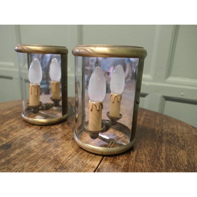 Glass Small French Brass Convex Wall Lanterns, 1980, Set of 2 For Sale - Image 7 of 8