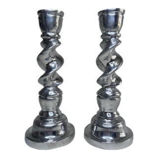 Vintage English Traditional Barley Twist Small Silver Tone Candlesticks, a Pair For Sale