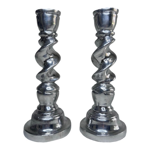 Vintage English Traditional Barley Twist Small Silver Tone Candlesticks, a Pair For Sale