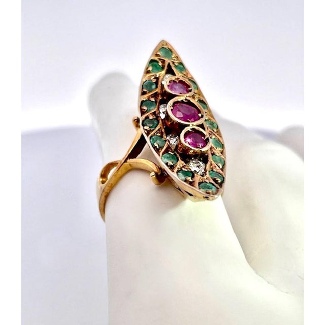 Early 20th Century Deco Ruby Emerald & Diamond 18k Pagoda Ring Size 6.5 For Sale - Image 10 of 12