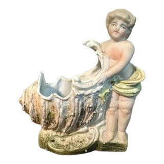 Antique Rococo Porcelain Bisque Putto Cherub W/Conch Spill Vase/Small Planter For Sale
