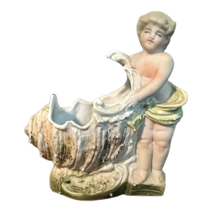 Antique Rococo Porcelain Bisque Putto Cherub W/Conch Spill Vase/Small Planter