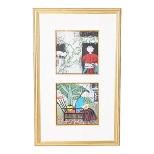Two Chinese Paintings of Woman With Cats in a Common Frame