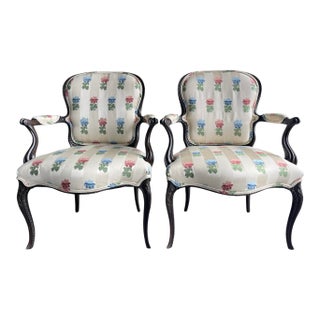 Louis XV Style Carved Wood Armchairs With Floral Upholstery, a Pair For Sale