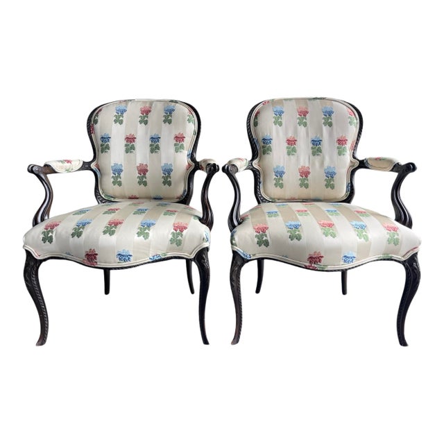 Louis XV Style Carved Wood Armchairs With Floral Upholstery, a Pair For Sale