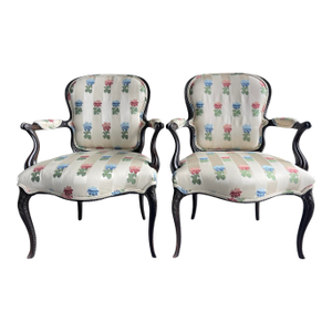 Louis XV Style Carved Wood Armchairs With Floral Upholstery, a Pair