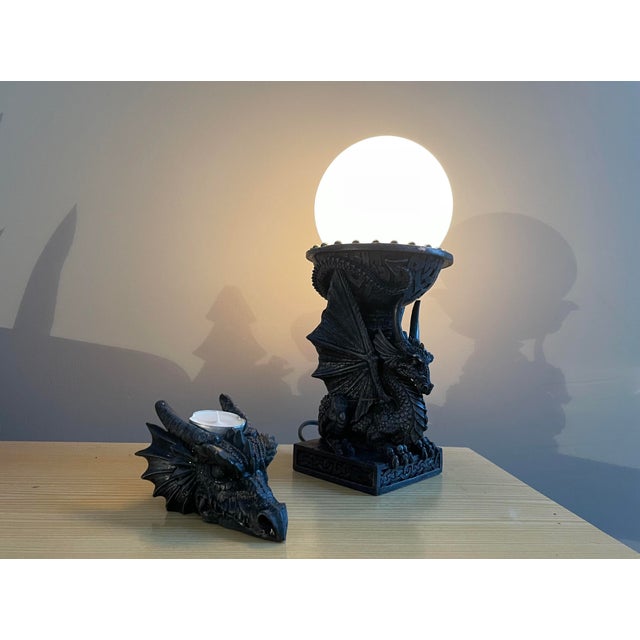 Black Resin Dragon Table Lamps with Candleholder, 1980s, Set of 2 For Sale - Image 3 of 17